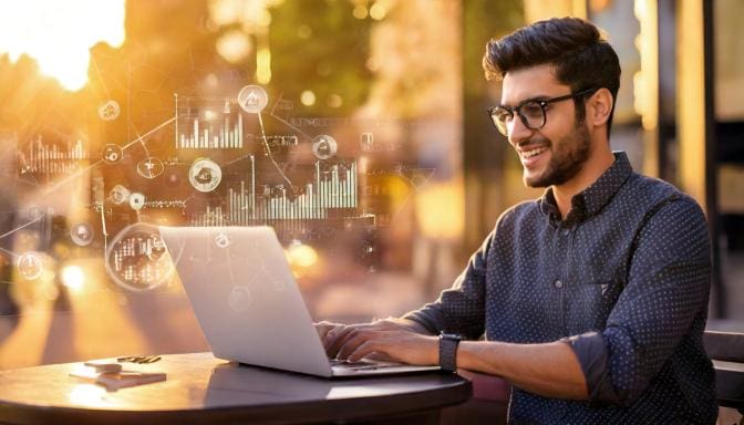 developer at laptop coding while sitting outside a coffee shop with analytics numbers