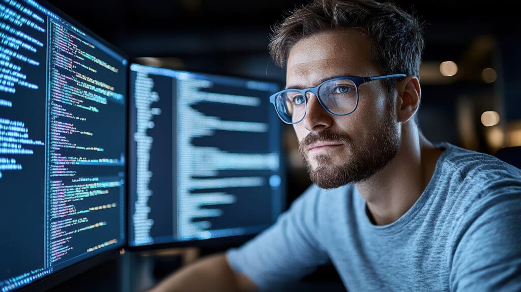 Focused software developer debugging code on multiple screens in dark environment