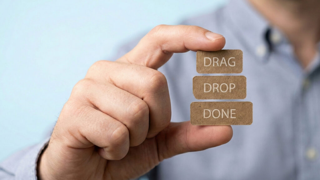 Drag drop done concept high level planing no code ai banner drag drop done workflow automation design productivity focus hand holding card