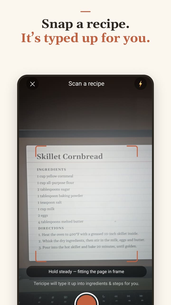 Tericipe scan screen: a printed recipe card in the camera viewfinder