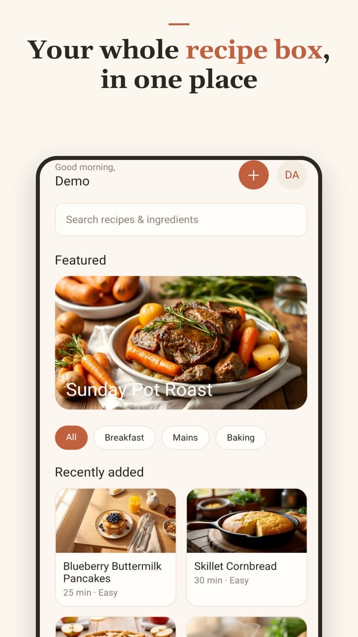 Tericipe home screen with a featured Sunday Pot Roast and recently added recipes