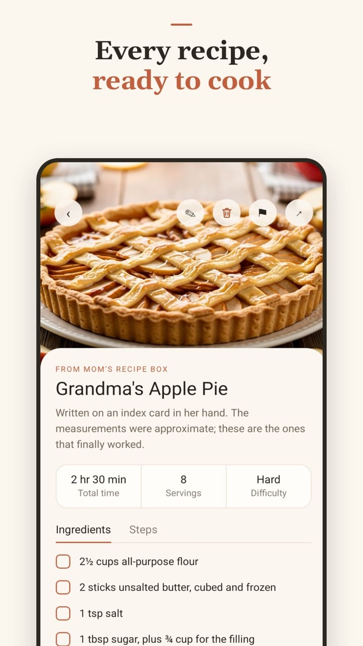 Tericipe recipe detail screen for Grandma's Apple Pie