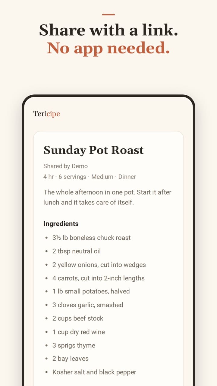 Tericipe's public shared-recipe web page, opened without the app